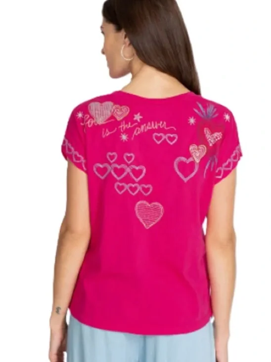 Johnny Was Amour Short Sleeve Embroidered Tee Short Sleeve Shirt - Picture 3 of 7